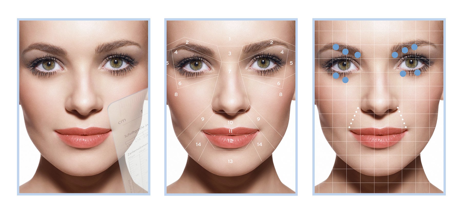 Three images of a woman's face; the first shows her with a skin analysis ruler, the second has facial measurement lines numbered, and the third displays blue dots marking points around her eyes with a grid overlay.