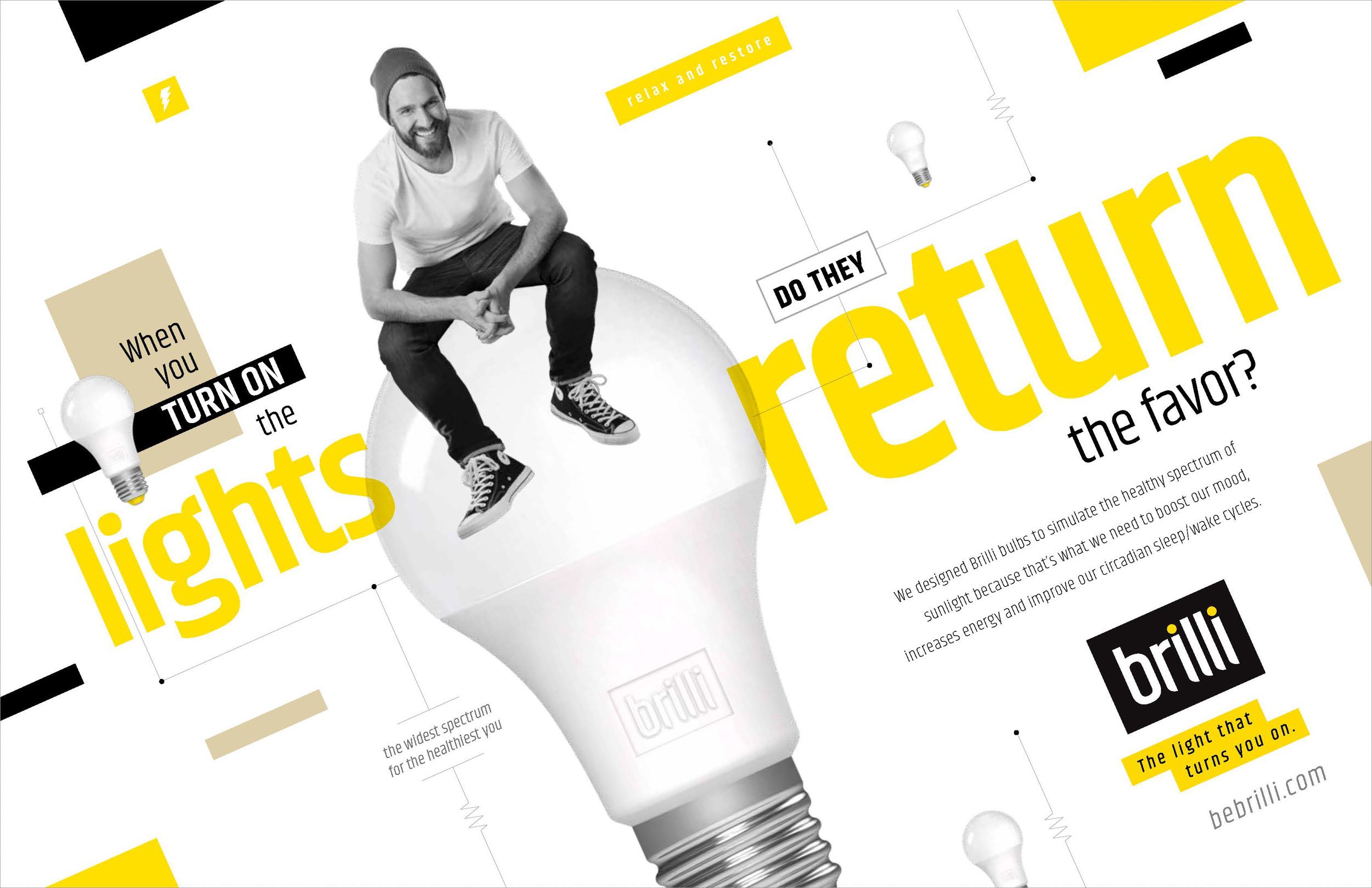 Advertisement for Brilli light bulbs with a black-and-white man sitting on a large light bulb, surrounded by bold yellow, black, and beige text promoting bright, healthy lighting for mood and energy enhancement.