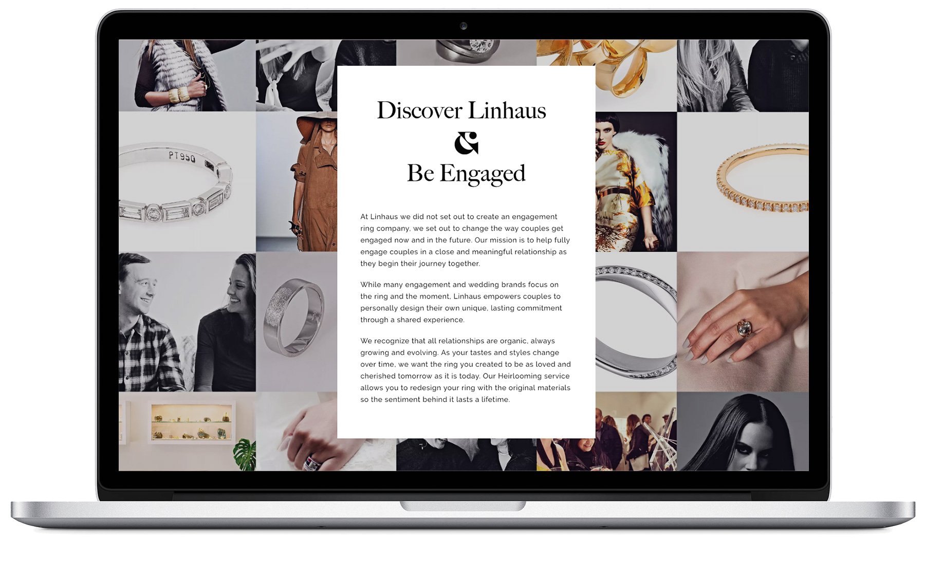 Laptop screen displaying a jewelry company's website with a central text block titled 'Discover Linhaus & Be Engaged' surrounded by images of jewelry, couples, and fashion accessories.
