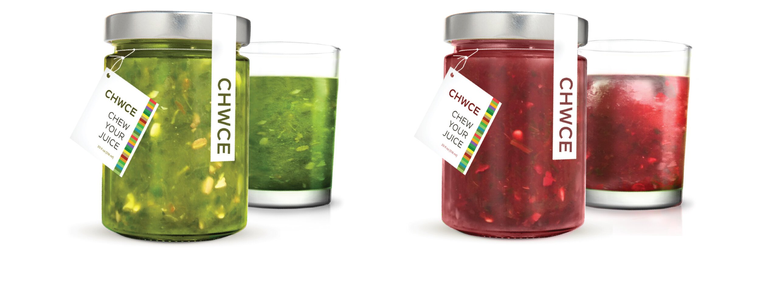 Two jars of juice, one green and one red, each with a glass of the same juice next to it. The jars have labels that read 'CHWCE' and 'CHEW YOUR JUICE'.