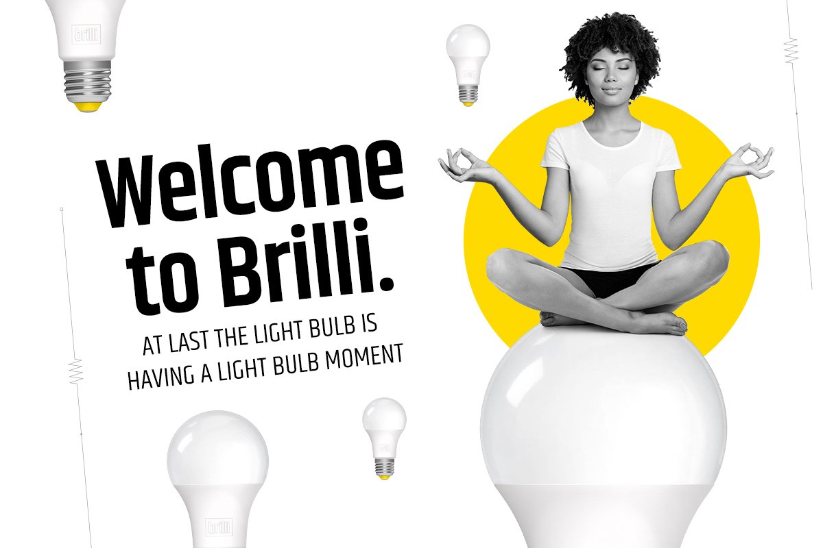 A woman meditating in a lotus pose while sitting on a large white light bulb with a yellow background circle behind her, surrounded by smaller light bulbs, with bold black text that says, "Welcome to Brilli. At last the light bulb is having a light b