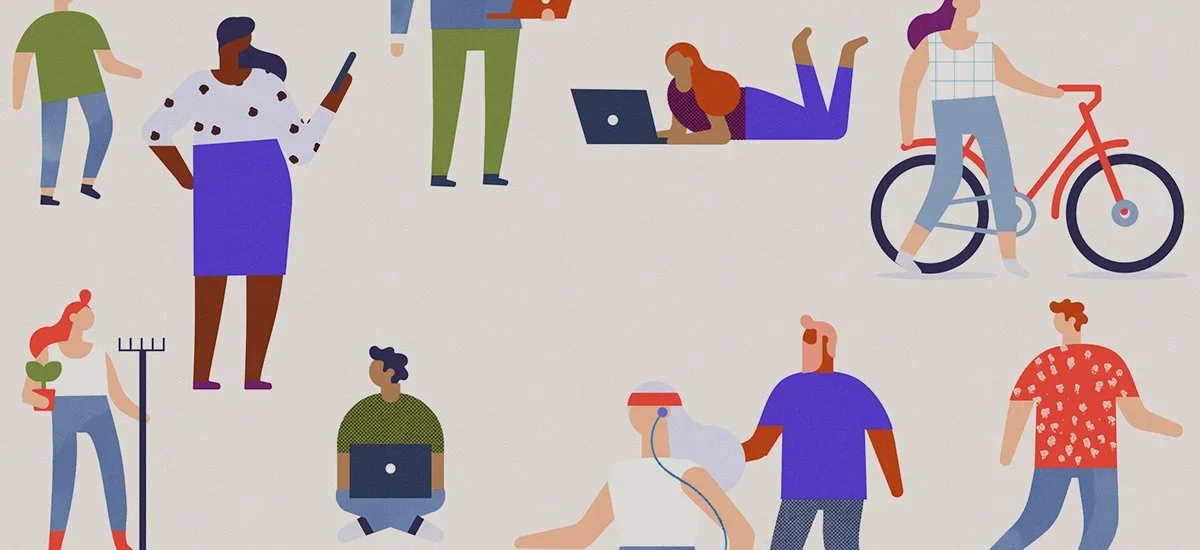 Illustration of diverse people engaging in various activities such as reading, working on laptops, cycling, gardening, and exercising.