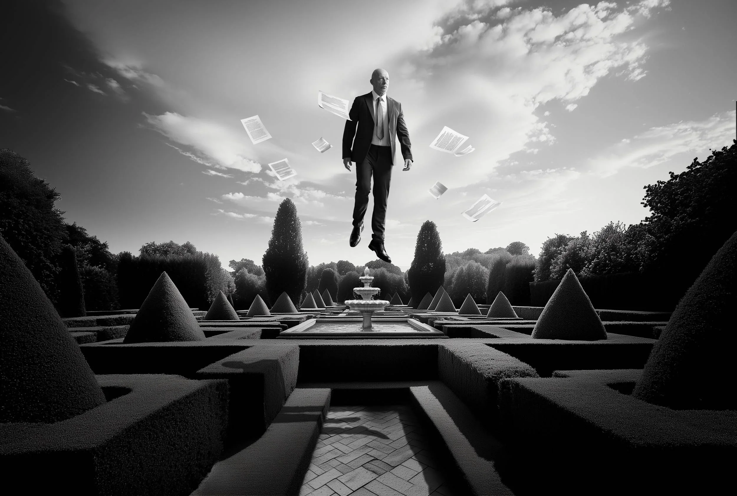 Black and white photo of a man in a suit levitating above a fountain in a formal garden with topiary in the background.