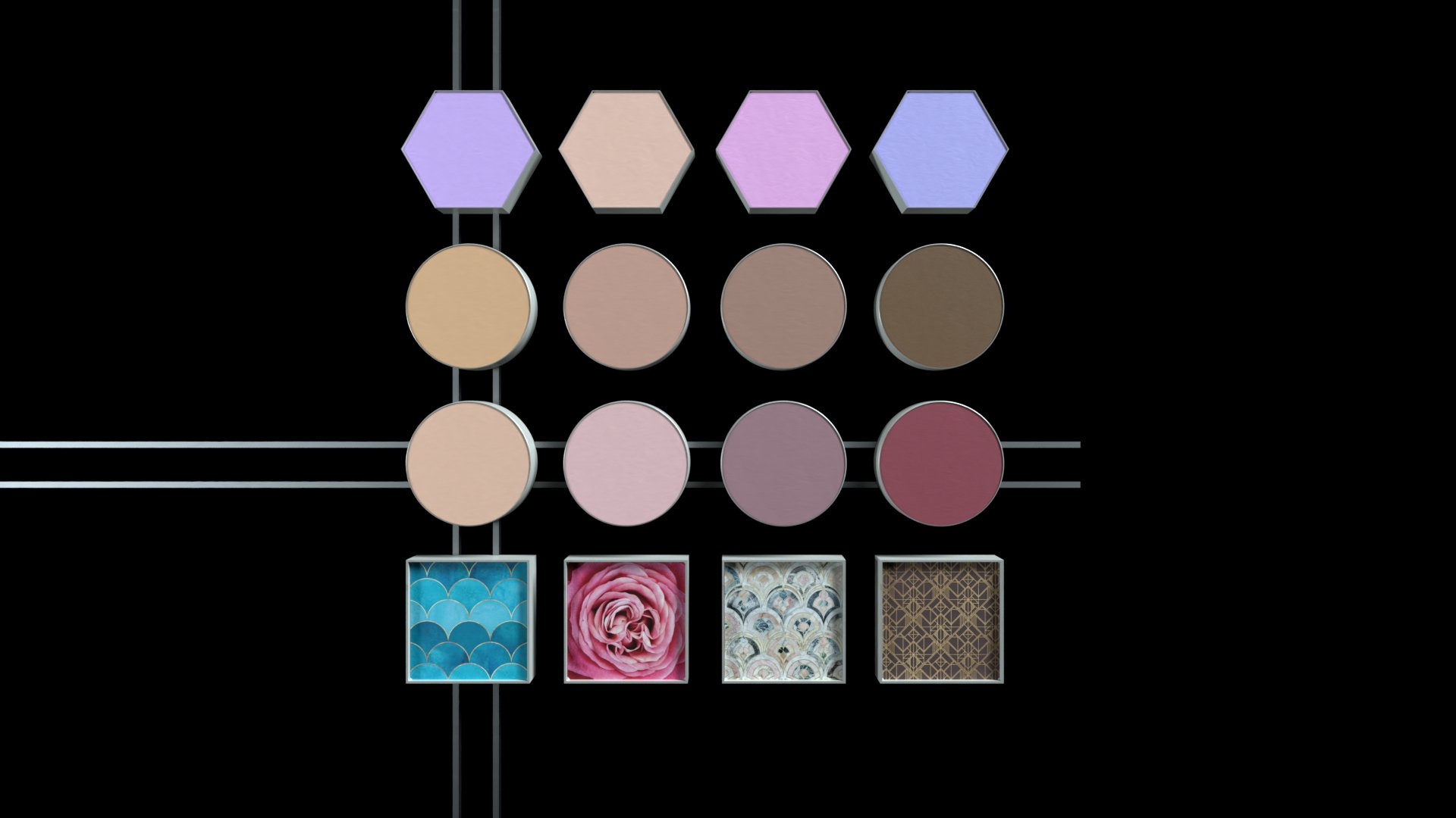 Color palette with six purple, beige, purple, purple, beige, pink, purple, and red shades, each in circular or hexagonal forms, with four decorative tile or pattern samples at the bottom, on a black background.